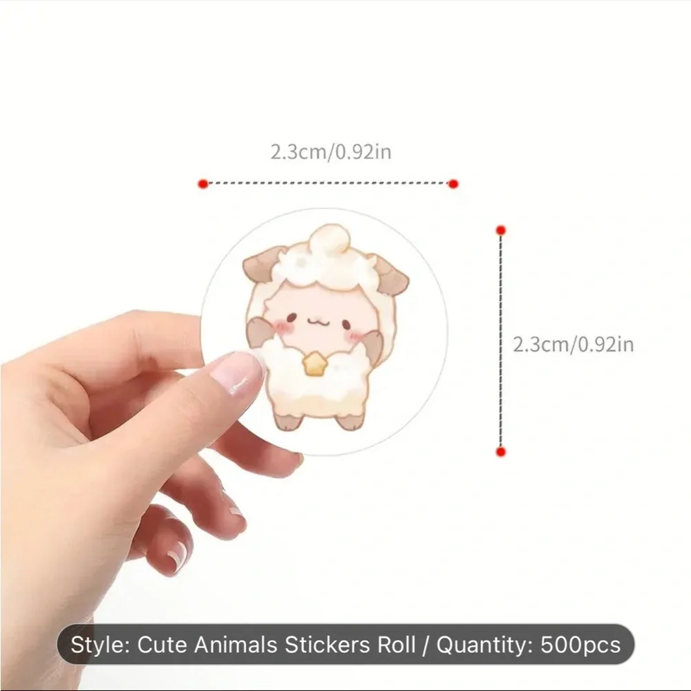 Roll of 500 Round Cute Animal Stickers Bunny Sheep Kitty Bee Fox Panda Mouse
